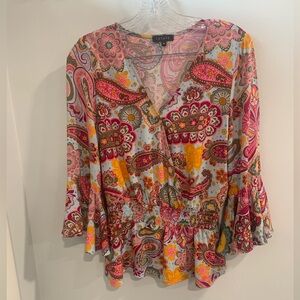 1. State Pink and Orange Ruffled Bell Sleeve Blouse
